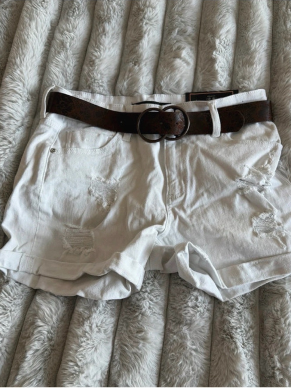 Dollhouse White Distressed Denim Shorts with Brown Belt